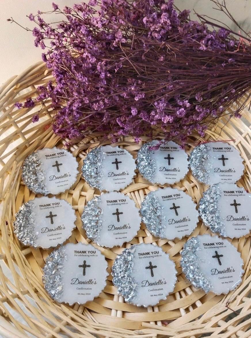 Top View of multiple baptism favors in a basket