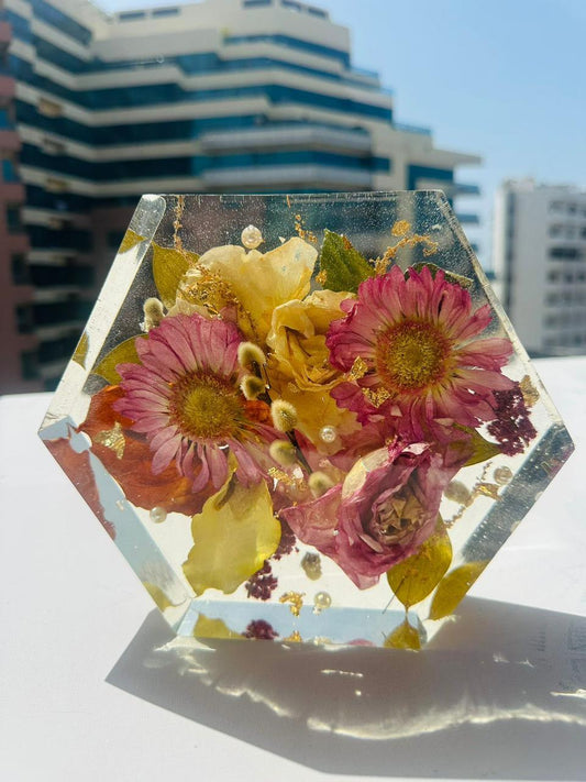 Front view of Hexagon Flower Resin Block