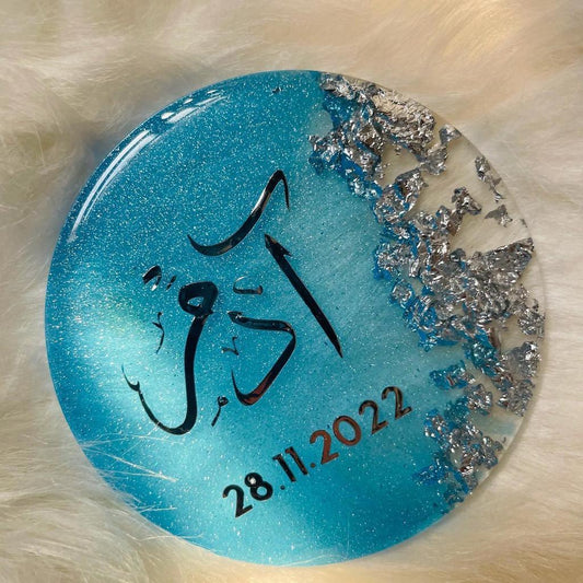 Top view of Blue color Resin magnet with Name and date