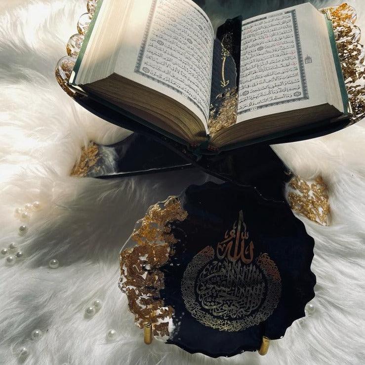 Full view of a Quran placed on a decorative Quran holder from Hyacinth Resin Arts, accompanied by a resin Ayatul Kursi coaster and bookmark, all crafted with a high-quality epoxy resin finish.