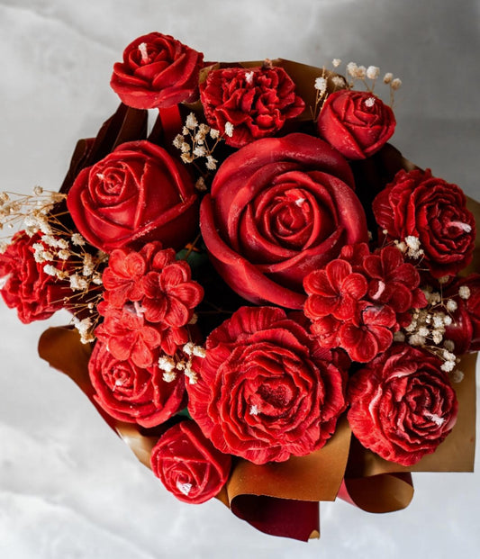 "Top view of red rose scented bouquet by Hyacinth Resin Arts, crafted in epoxy resin with delicate, lifelike red roses encased in a clear resin finish."