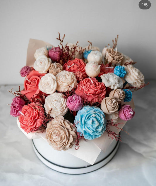 "Top side view of a vibrant bouquet with multiple colored flowers in epoxy resin by Hyacinth Resin Arts, showcasing delicate petals and a glossy resin finish."