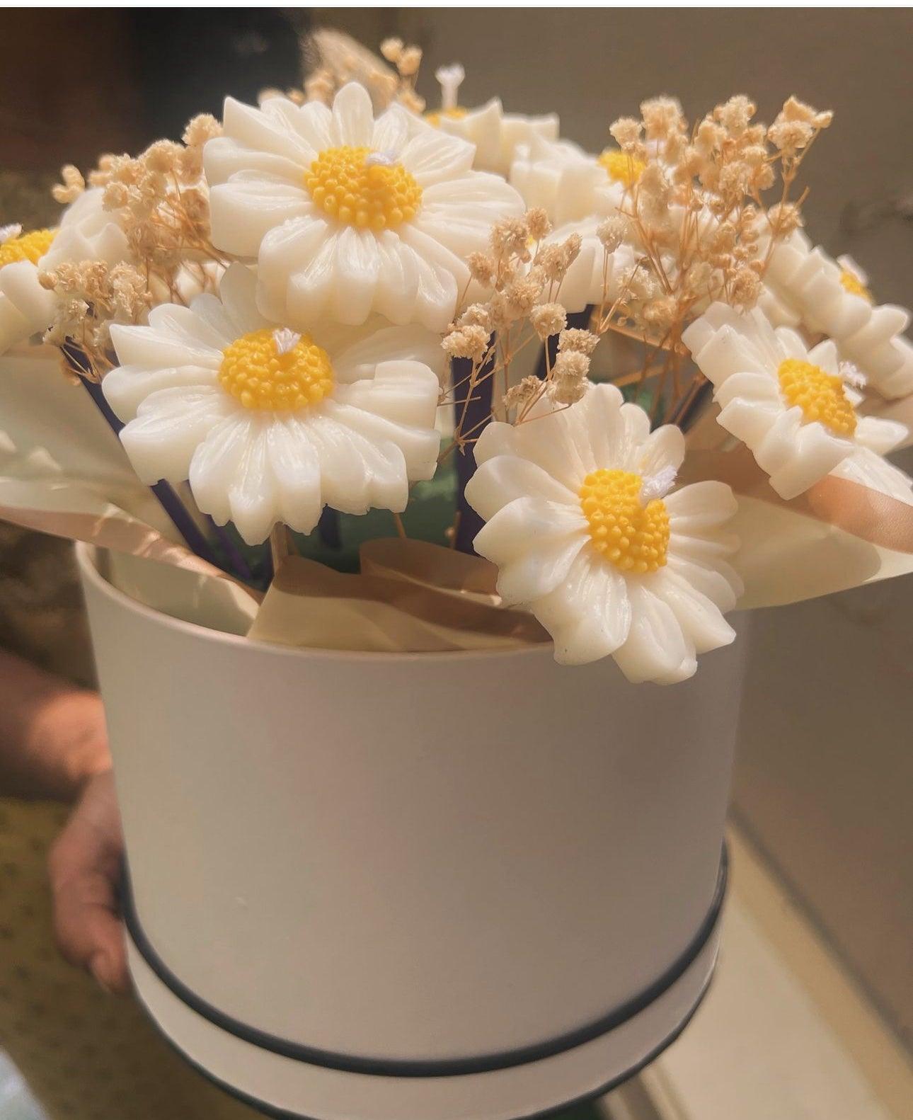 "Side view of a white flower bouquet by Hyacinth Resin Arts, with delicate white petals encased in a glossy epoxy resin finish."